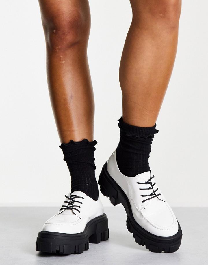 Asos Design Mall Chunky Lace Up Flat Shoes In White Patent
