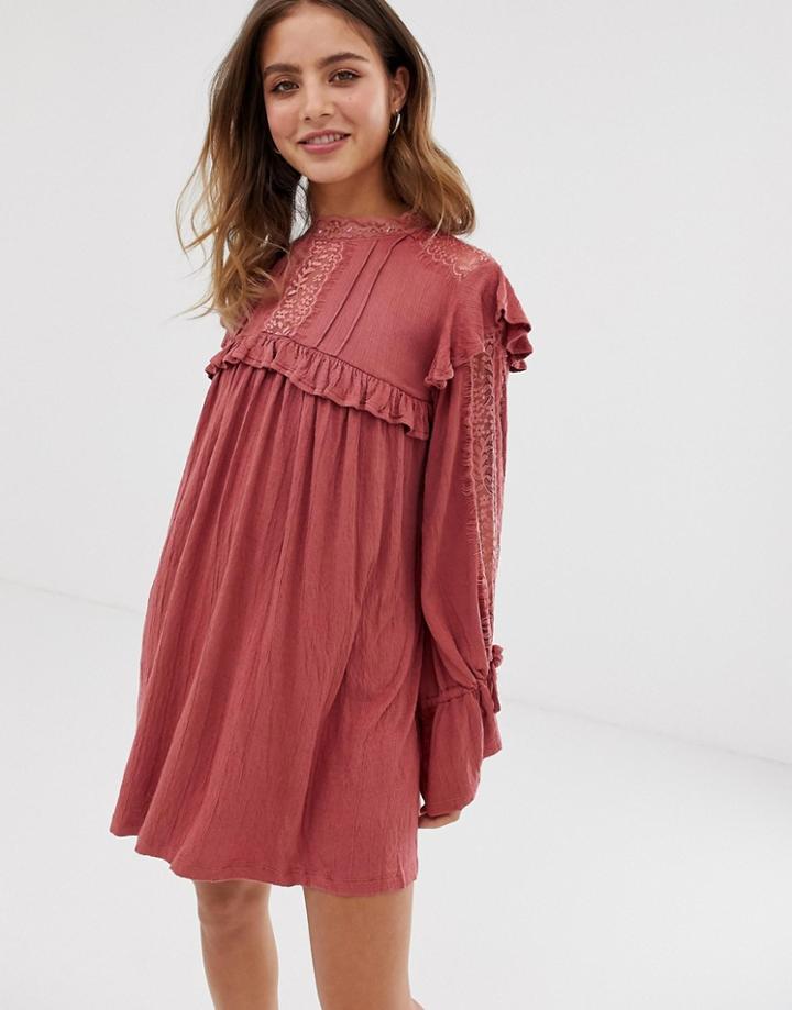 Asos Design High Neck Lace Insert Crinkle Swing Dress-pink