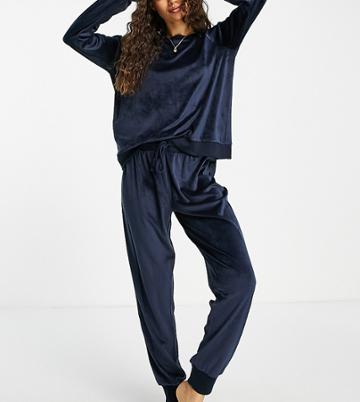 Chelsea Peers Petite Recycled Poly Super Soft Fleece Lounge Sweatshirt And Sweatpants Set In Navy