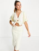 Ghospell Midi Dress With Puff Sleeves And Waist Cut Out And Tie In Creamy Yellow