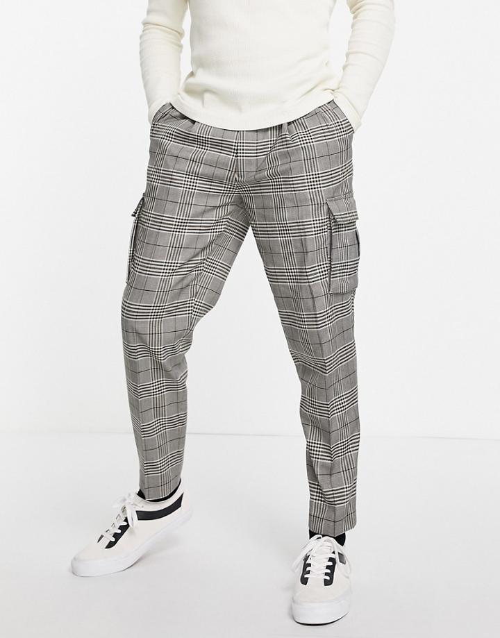 Topman Tapered Checked Cargo Pants In Gray-grey