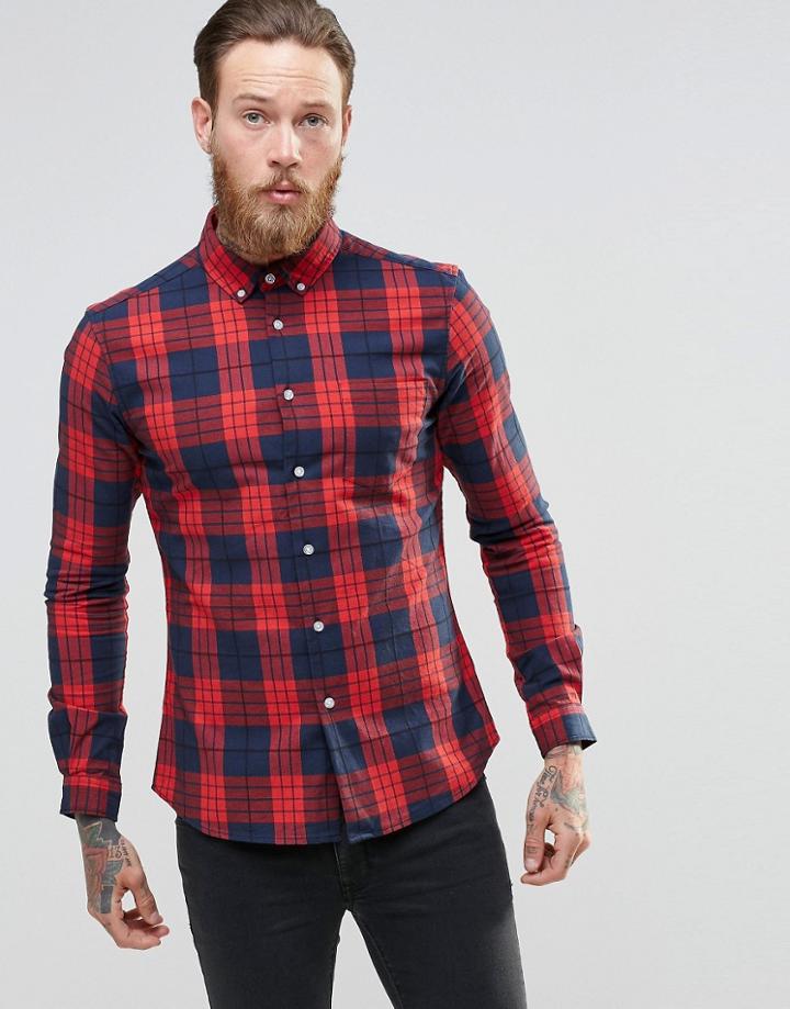 Asos Skinny Shirt With Grid Check In Red With Long Sleeves - Red