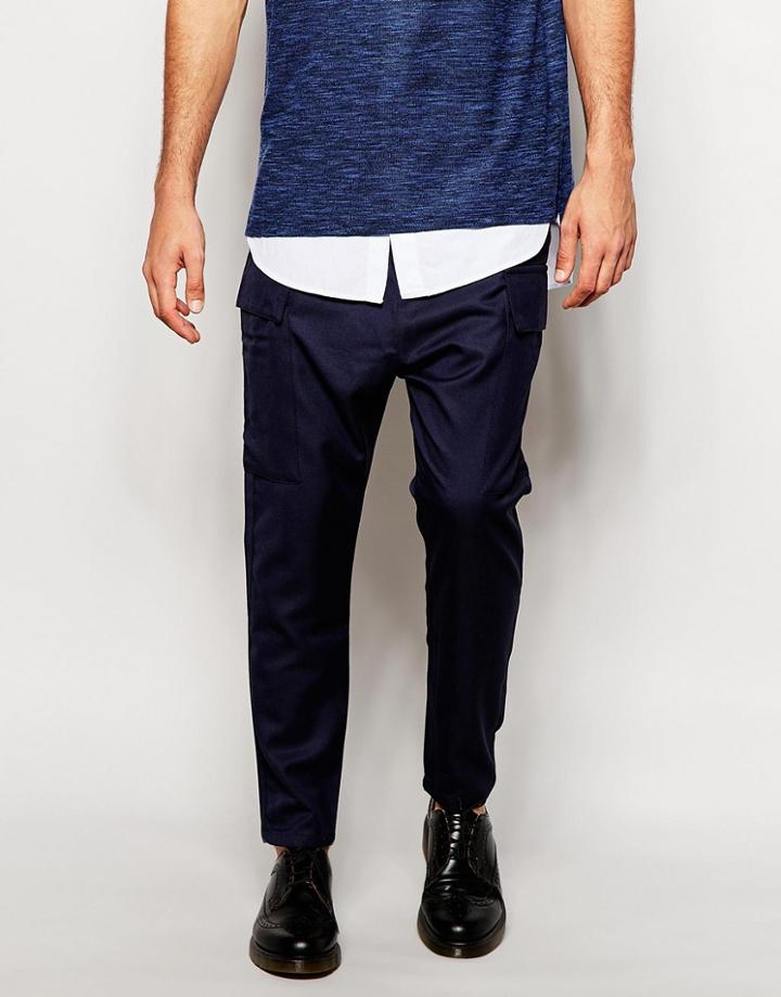 Asos Drop Crotch Pants With Cargo Details - Navy