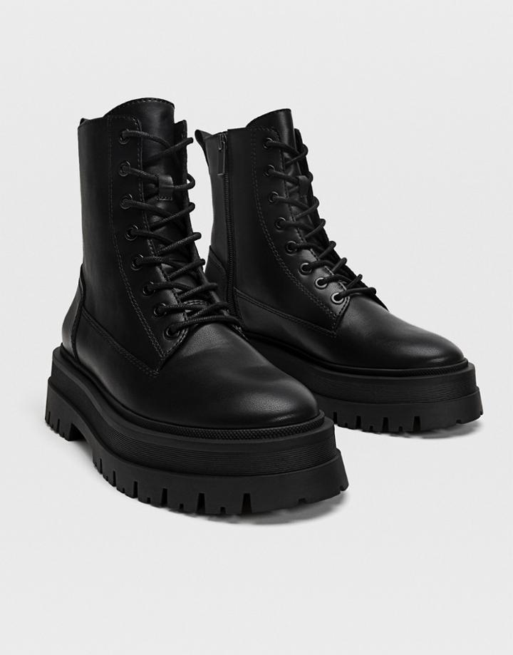 Stradivarius Lace Up Flat Ankle Boot In Black