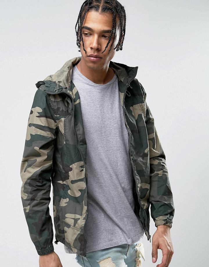 Pull & Bear Zip Through Hooded Jacket In Khaki Camo - Green