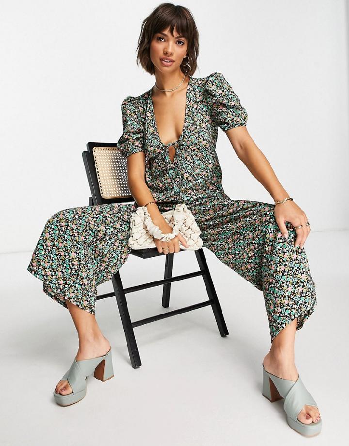 Asos Design Big Sleeve Tie Detail Wide Leg Jumpsuit In Green Floral-multi