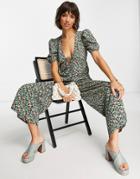 Asos Design Big Sleeve Tie Detail Wide Leg Jumpsuit In Green Floral-multi