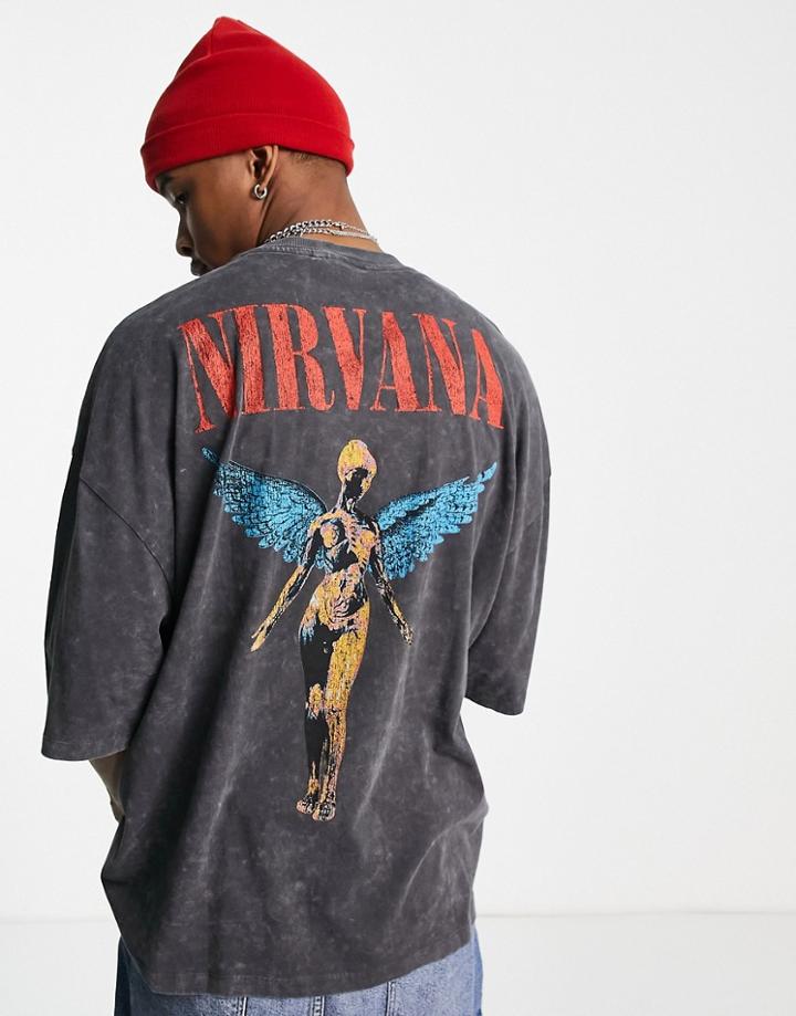 Asos Design Oversized T-shirt With Nirvana Angel Back Print In Washed Black