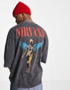 Asos Design Oversized T-shirt With Nirvana Angel Back Print In Washed Black