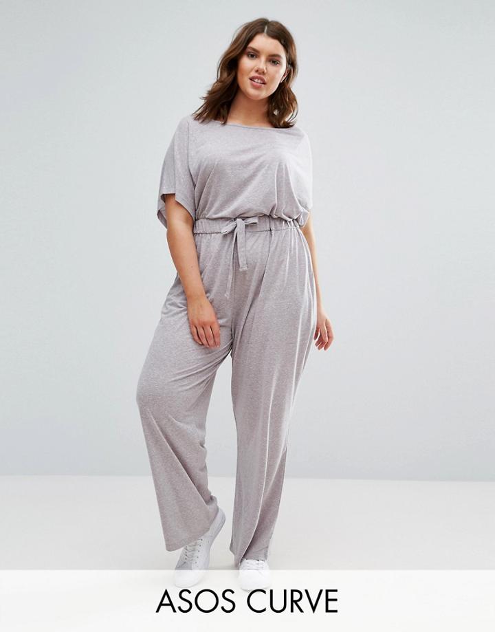 Asos Curve Off Shoulder Jersey Jumpsuit In Slouchy Burnout - Gray