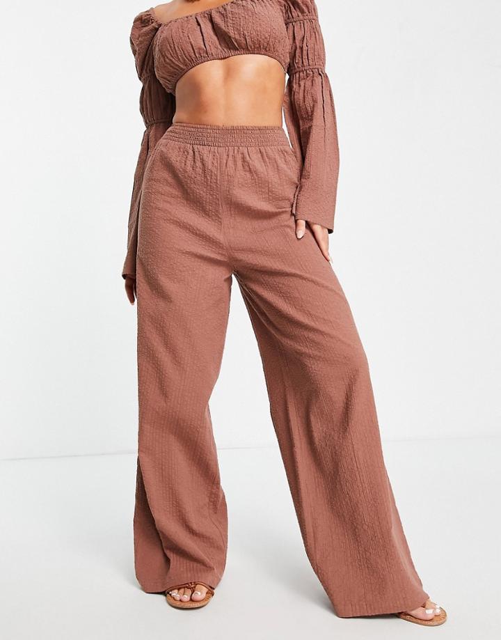 Asos Design Wide Leg Beach Pants In Brown Seersucker - Part Of A Set