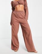 Asos Design Wide Leg Beach Pants In Brown Seersucker - Part Of A Set
