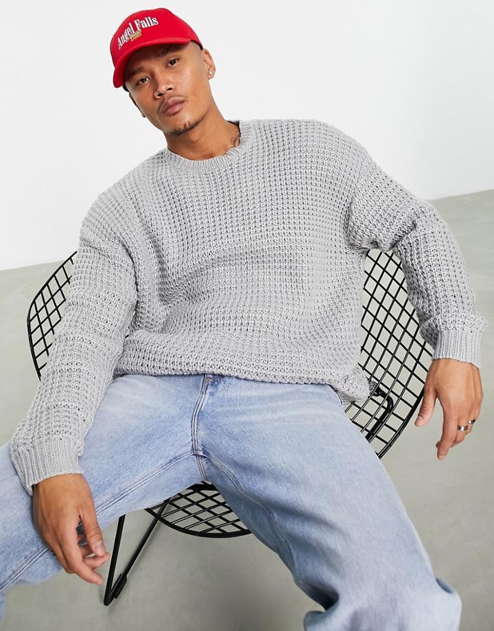 Asos Design Oversized Waffle Knit Sweater In Charcoal-gray