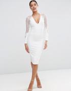 Asos Lace Applique Long Sleeve Midi Dress - Ivory