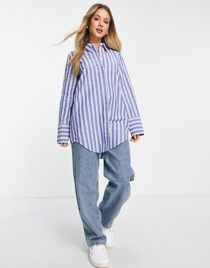Monki Cotton Poplin Stripe Shirt In Blue And White-blues