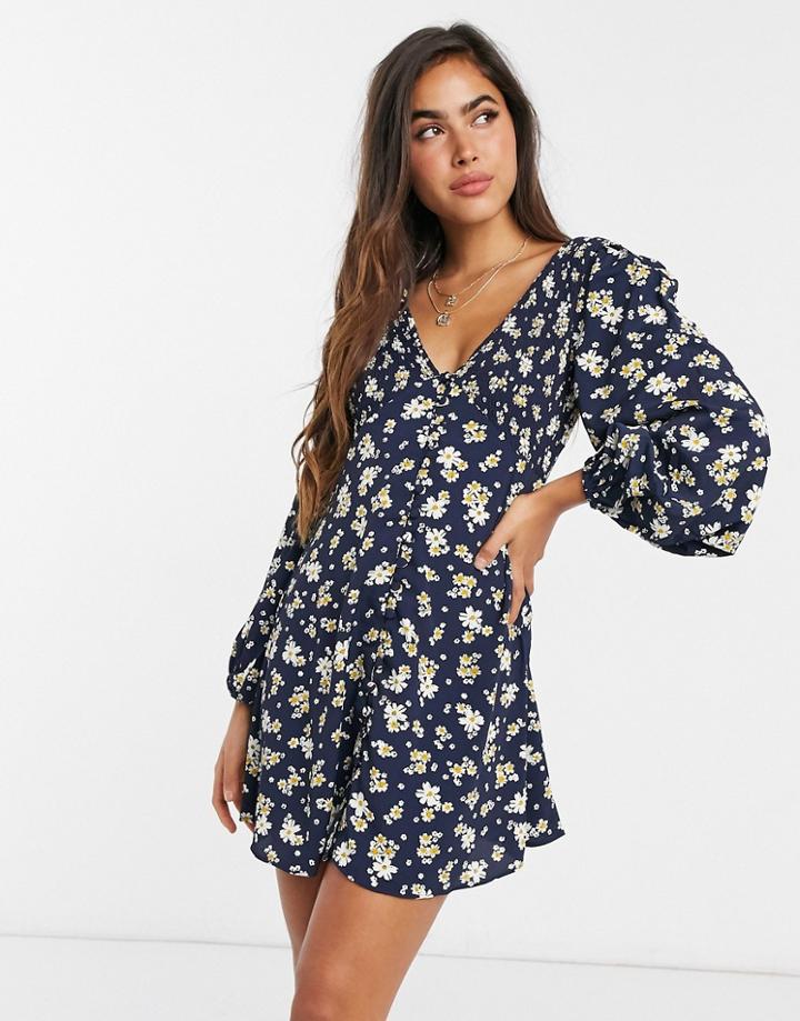 Asos Design Shirred V Neck Button Down Mini Tea Dress In Ditsy Floral Print-multi