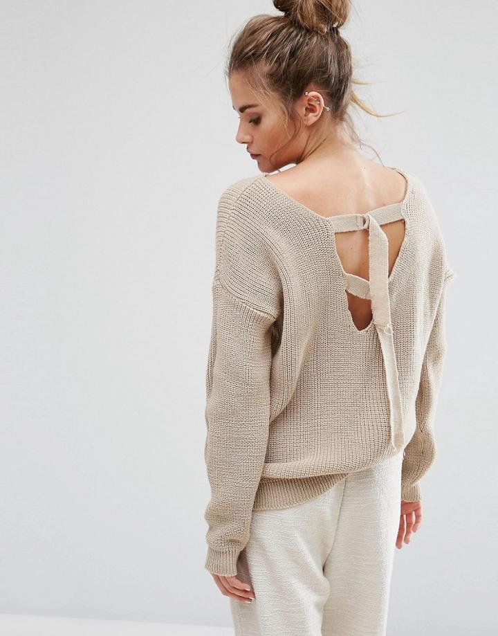 Daisy Street Oversized Sweater With Open D-ring Back Ties - Beige