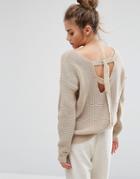 Daisy Street Oversized Sweater With Open D-ring Back Ties - Beige