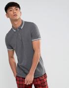 Asos Zip Neck Tipping Collar And Cuff Pique Polo Shirt - Gray