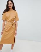 Bershka Contrast Stitch T Shirt Dress With Tie - Beige