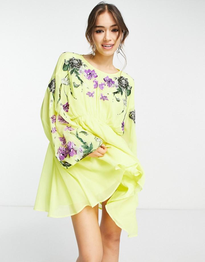 Asos Edition Blouson Sleeve Mini Dress With Embroidered Bodice In Yellow