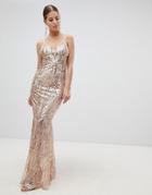 Club L Fully Embellished Sequin Cami Strap Fishtail Maxi Dress - Gold
