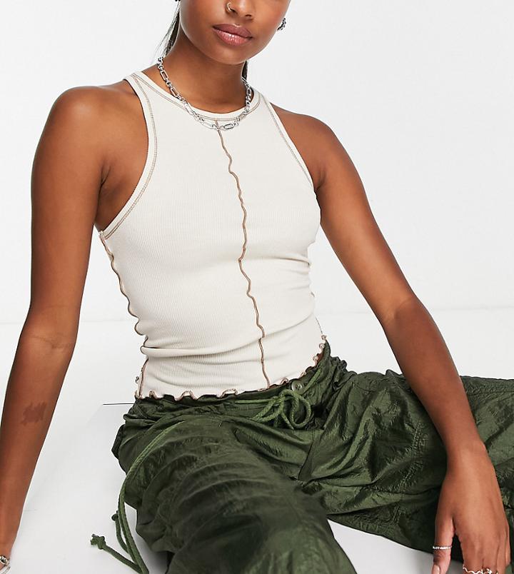Topshop Petite Premium Basic Contrast Seam Frill Racer Tank Top-white