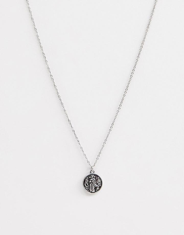 Asos Design Necklace With Religious Style Pendant In Burnished Silver Tone - Silver