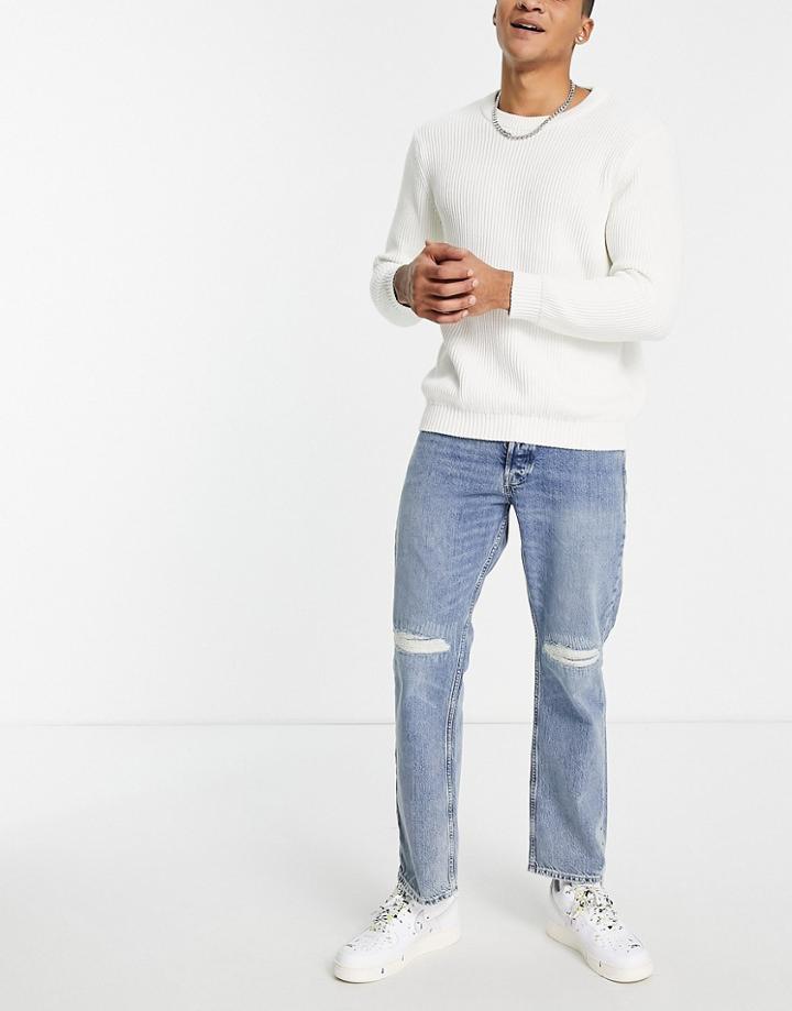 Jack & Jones Intelligence Cliff Skater Jeans With Ripped Knees In Blue-blues
