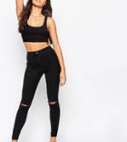 Asos Tall Rivington High Waist Denim Jegging In Black With Two Ripped Knees - Black