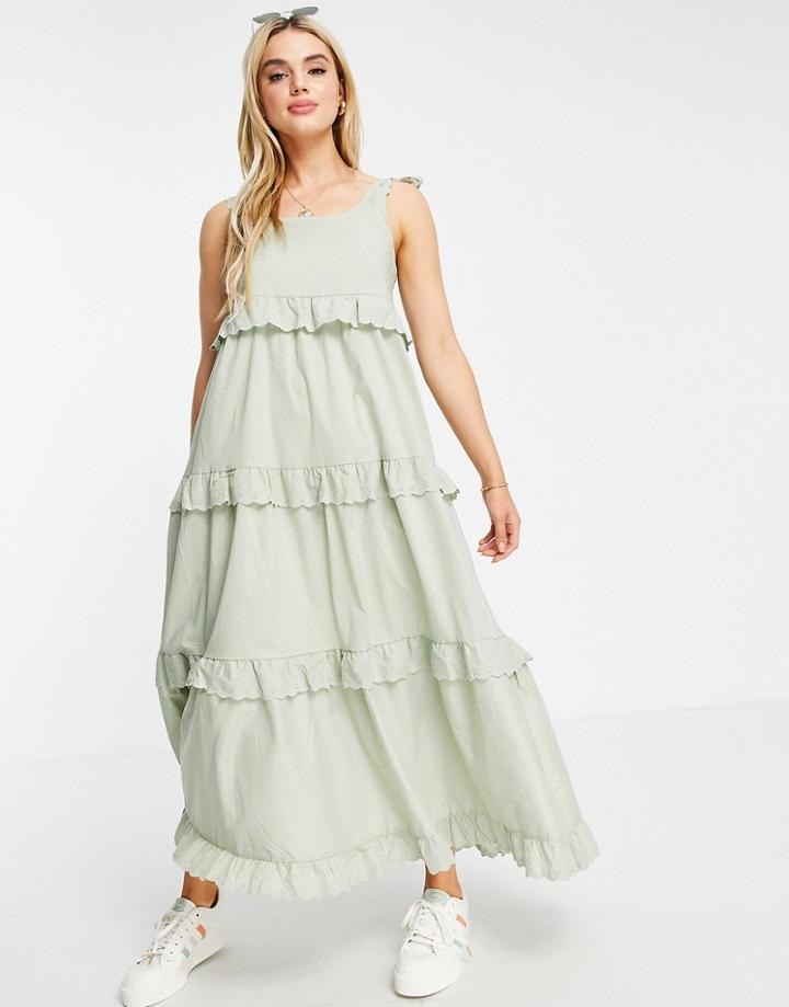 Vila Tiered Cotton Maxi Dress In Sage Green