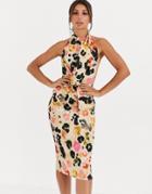 Asos Design High Neck Smudge Pencil Midi Dress - Multi