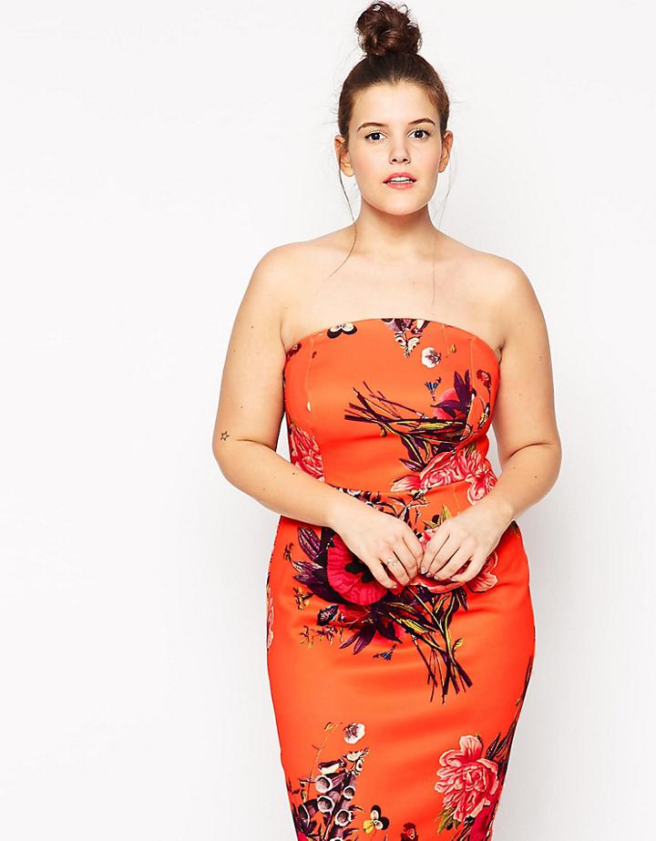 Asos Curve Bouquet Placed Bandeau Dress In Longer Length - Multi