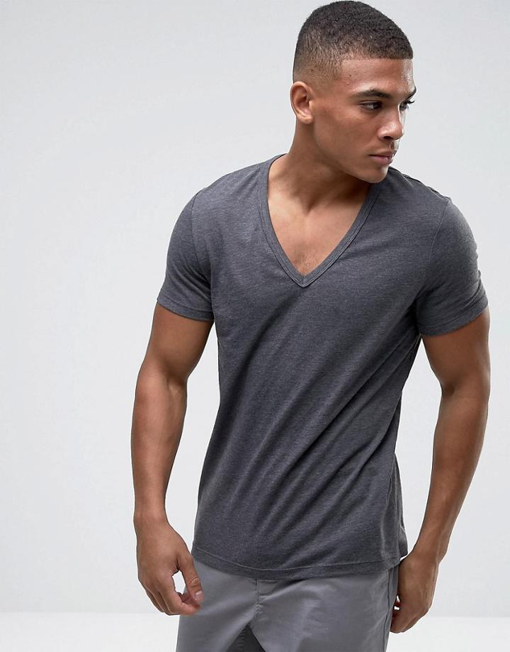 Asos T-shirt With Deep V Neck - Gray