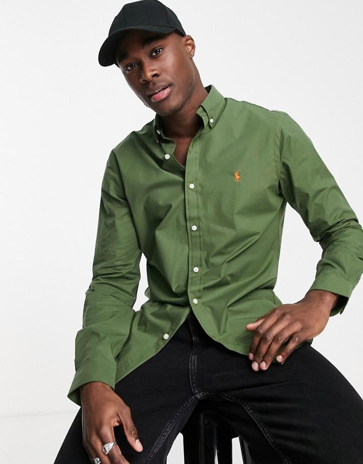 Polo Ralph Lauren Icon Logo Slim Fit Poplin Shirt In Olive Green
