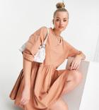 Asos Design Tall Oversized Mini Smock Dress With Dropped Waist In Cork-brown