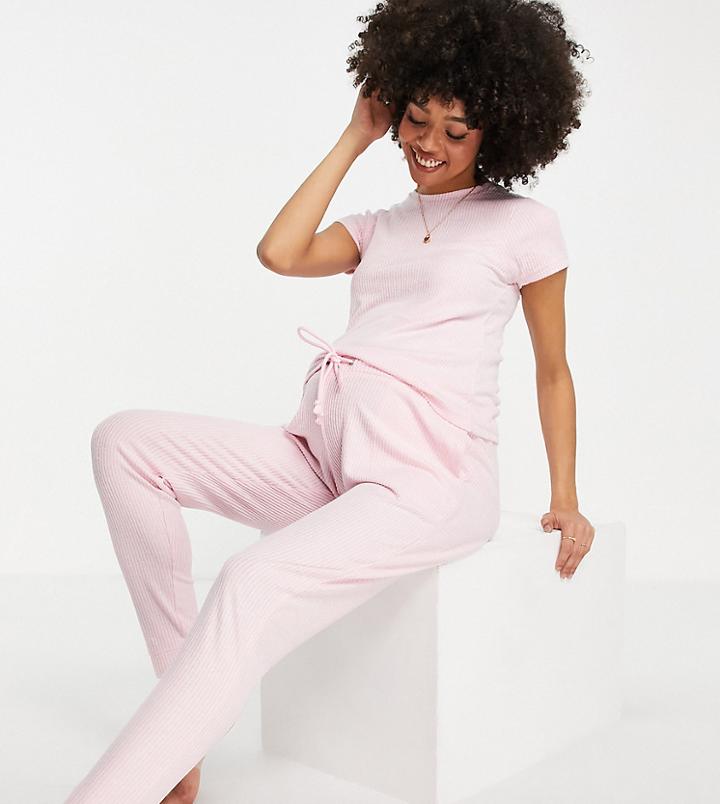 Asos Design Maternity Exclusive Lounge Super Soft Rib Tee & Sweatpants Set In Pink
