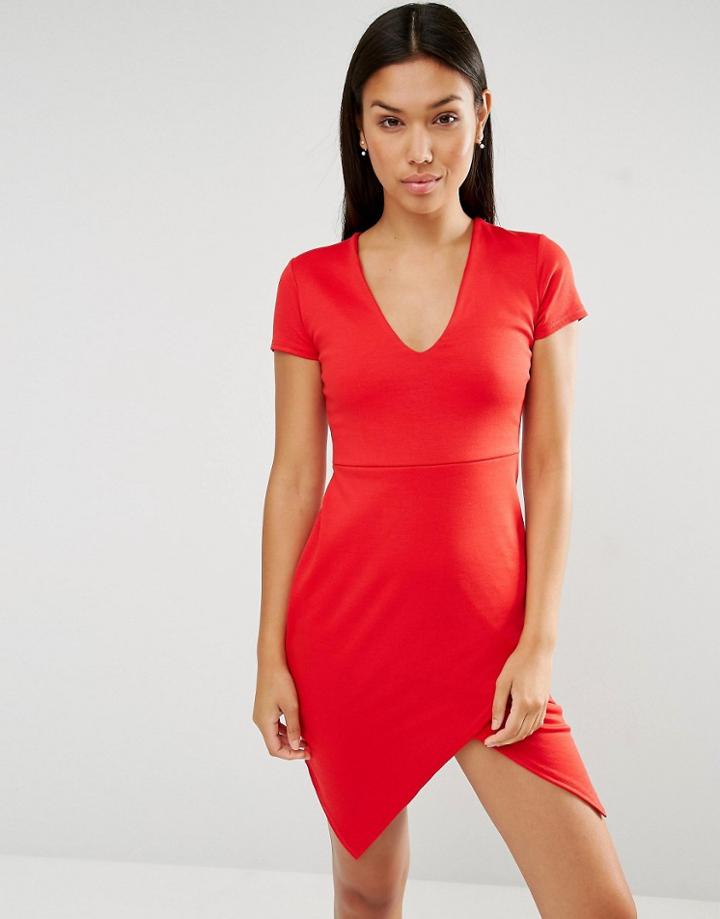 Club L Ponte V Neck Aysmmetric Hem Detail Dress - Red