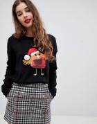 Brave Soul Christmas Sweater With Sequin Robin Applique - Black