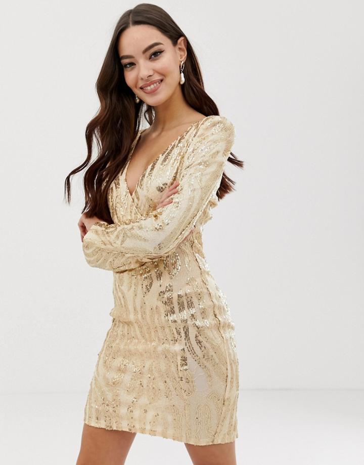 Ax Paris Deep V Long Sleeve Sequin Dress - Gold