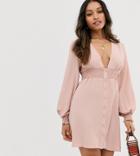 Asos Design Petite Long Sleeve Button Through Mini Dress With Shirred Waist-pink