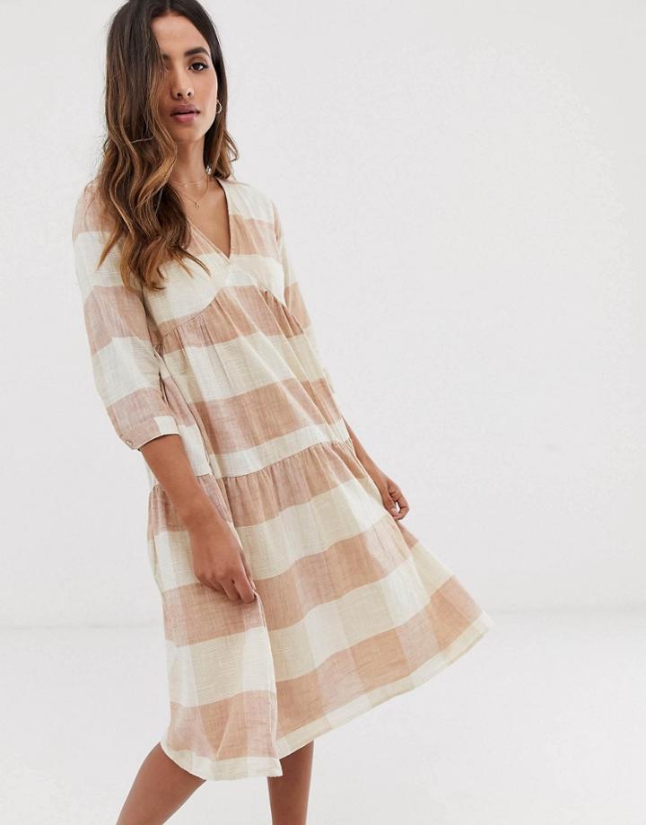 Y.a.s Check V Neck Smock Midi Dress In Cotton - Multi