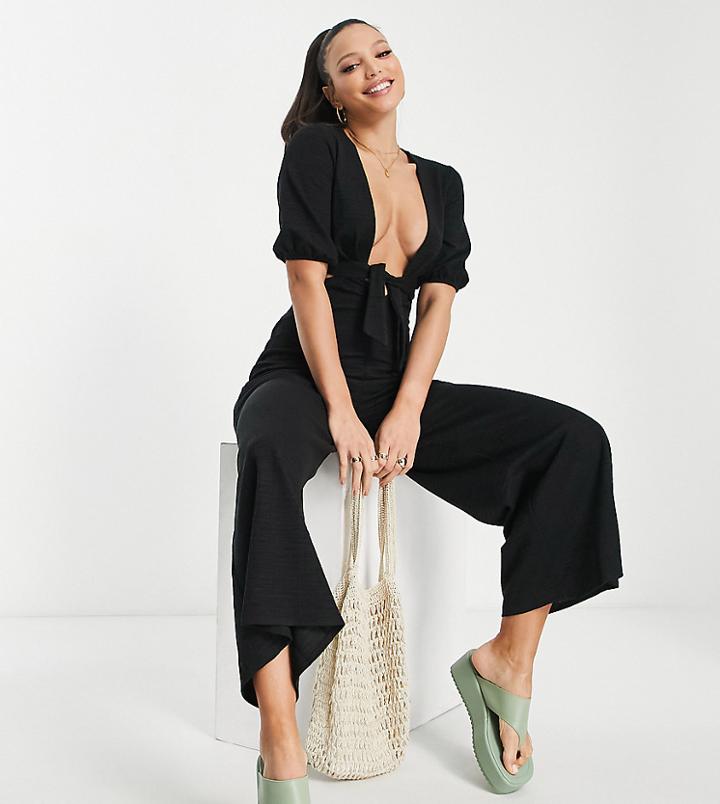Asos Design Tall Deep V Jumpsuit With Puff Sleeve In Black
