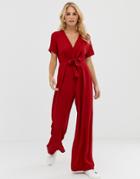 Asos Design Tie Waist V Neck Open Back Jumpsuit-red