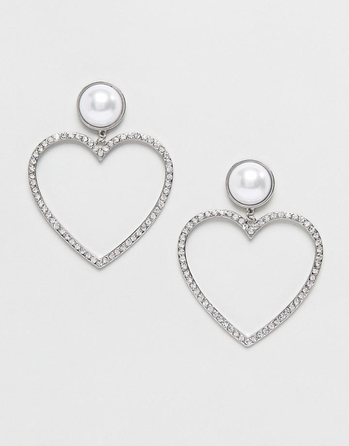 Monki Rhinestone Heart Earrings In Silver - Silver