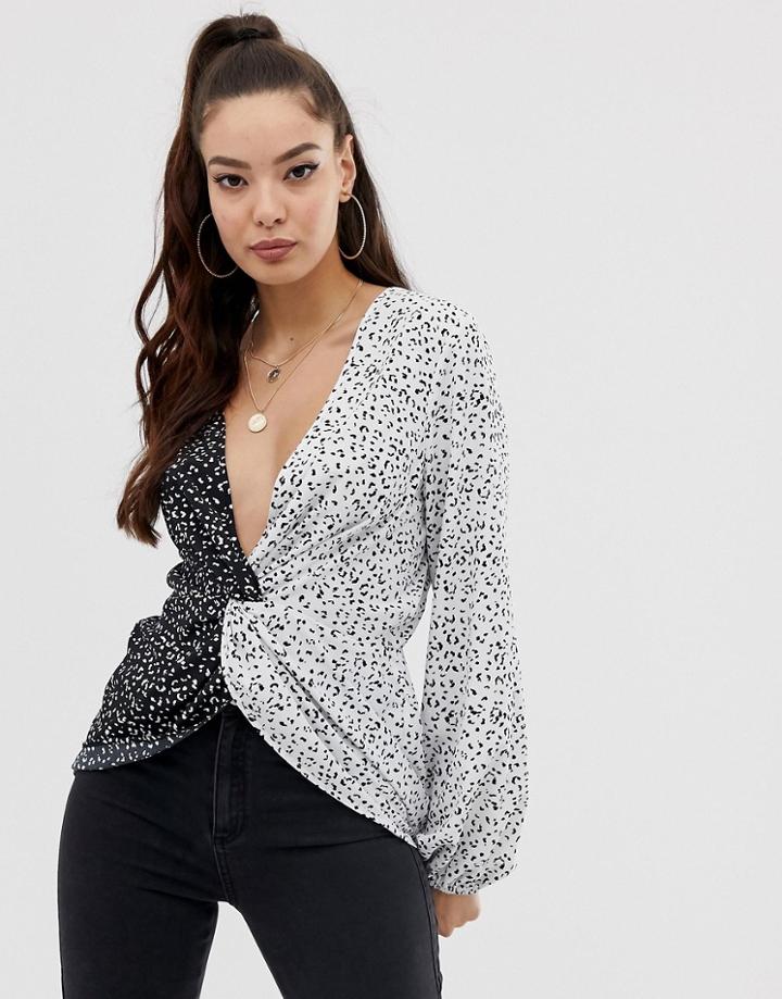 Asos Design Twist Front Long Sleeve Top In Mixed Mono Print-multi