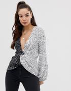 Asos Design Twist Front Long Sleeve Top In Mixed Mono Print-multi