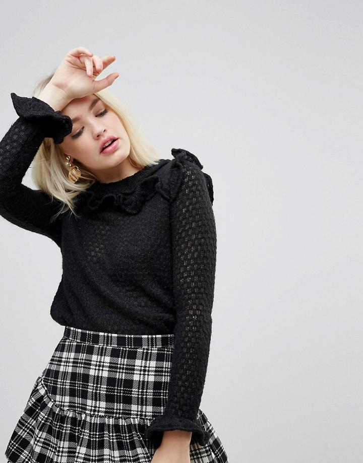 Hazel Frill Sleeve Knit Sweater - Black
