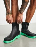 Asos Design Ankle Length Wellington Boot In Black With Green Contrast Sole