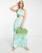 Miss Selfridge Satin Ring Detail Cut Out Midi Dress In Green Retro Swirl Print